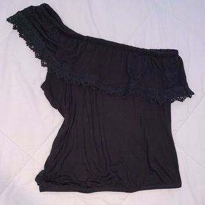 Hollister Black One Off-Shoulder Layered Ruffled Lace Hem Top S